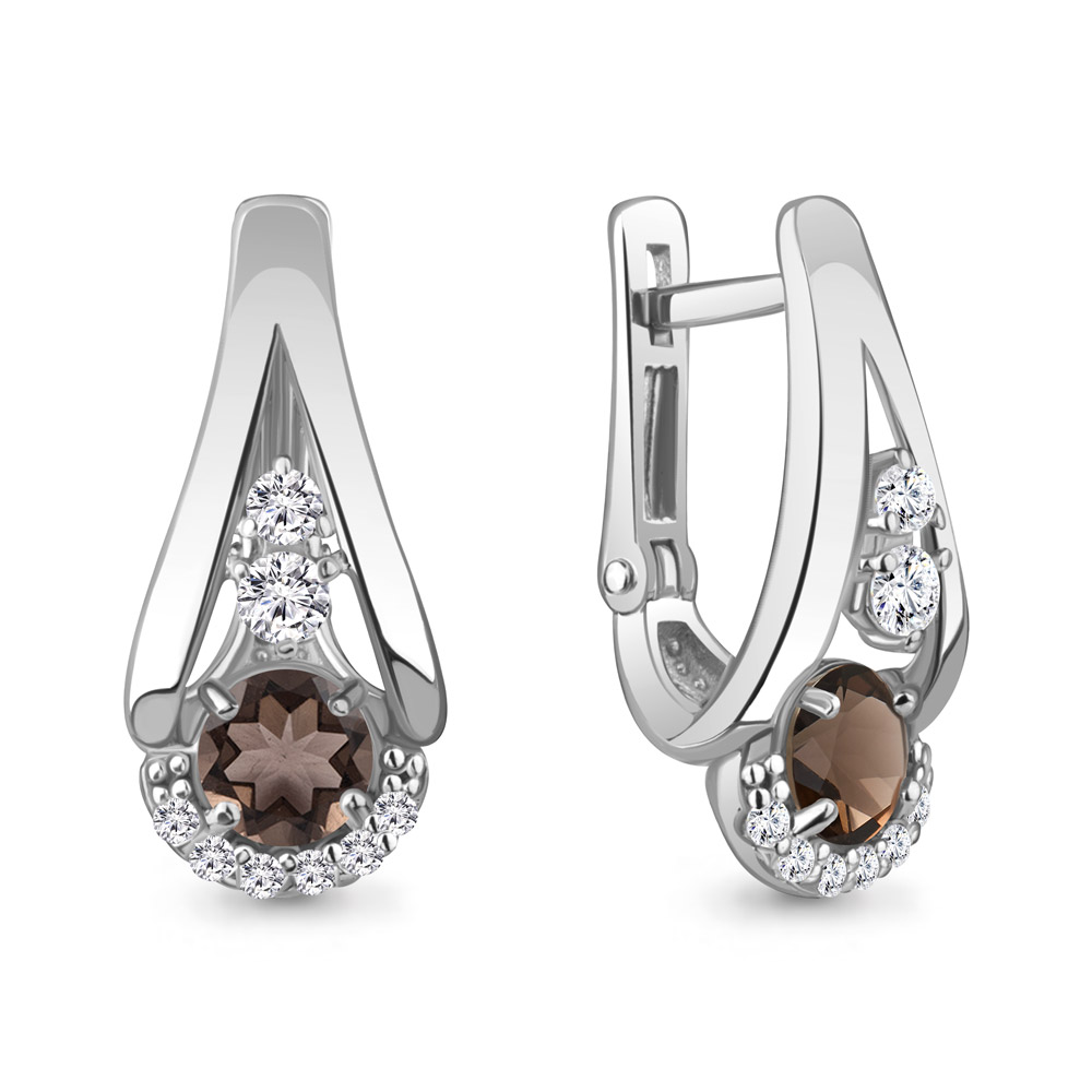 4327601А Серьги из Серебра с кварцами дымчатыми, фианитами