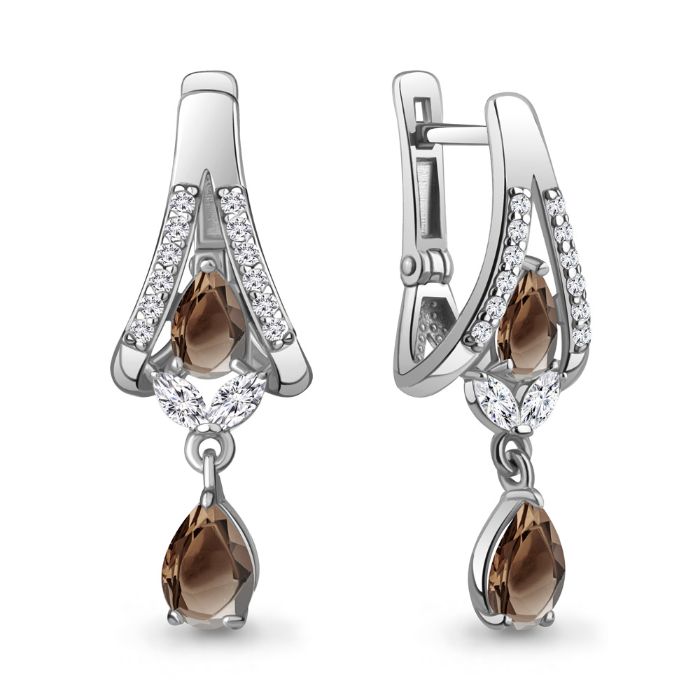 4327801А Серьги из Серебра с кварцами дымчатыми, фианитами