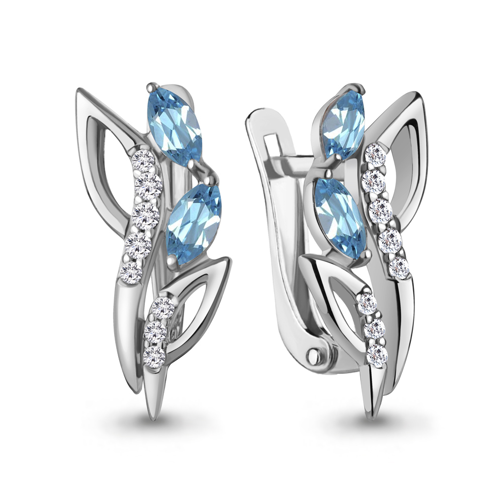 4329105А Серьги из Серебра с топазами свисс блю, фианитами