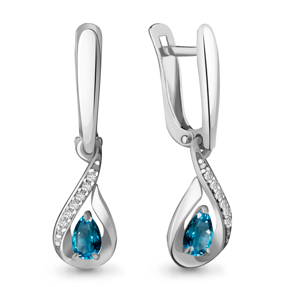4388108А Серьги из Серебра с топазами лондон блю, фианитами
