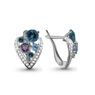 4402641А Серьги из Серебра с аметистами, топазами лондон блю, топазами свисс блю, фианитами