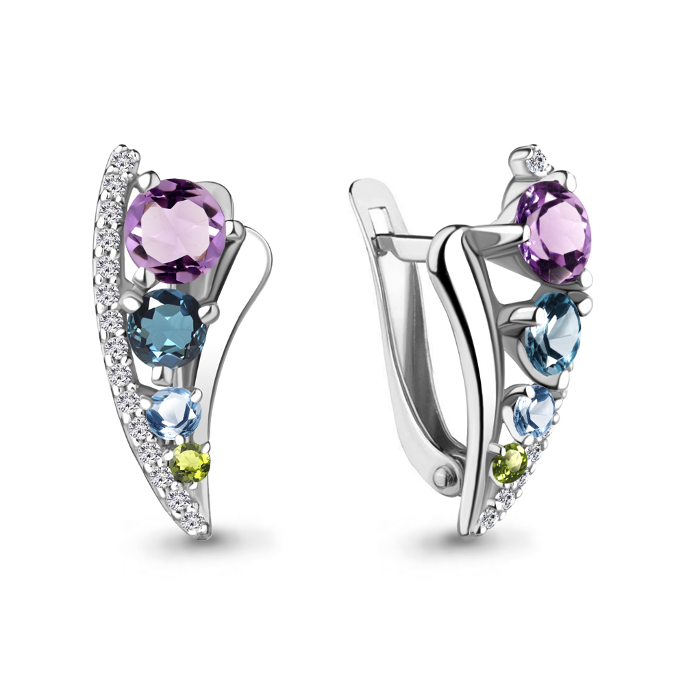 4403252А Серьги из Серебра с аметистами, топазами лондон блю, топазами свисс блю, фианитами, хризолитами