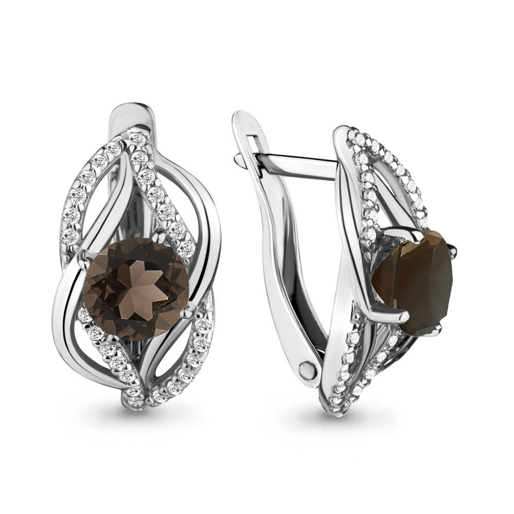 4405201А Серьги из Серебра с кварцами дымчатыми, фианитами