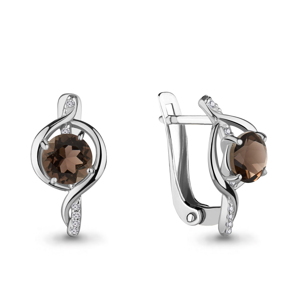4405301А Серьги из Серебра с кварцами дымчатыми, фианитами