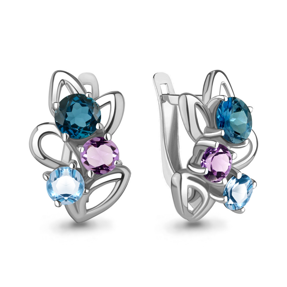 4411241 Серьги из Серебра с аметистами, топазами лондон блю, топазами свисс блю
