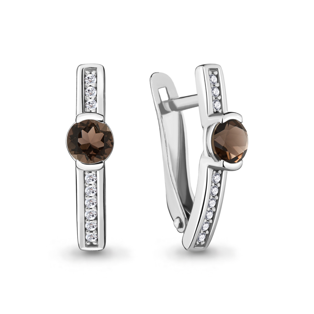 4412501А Серьги из Серебра с кварцами дымчатыми, фианитами