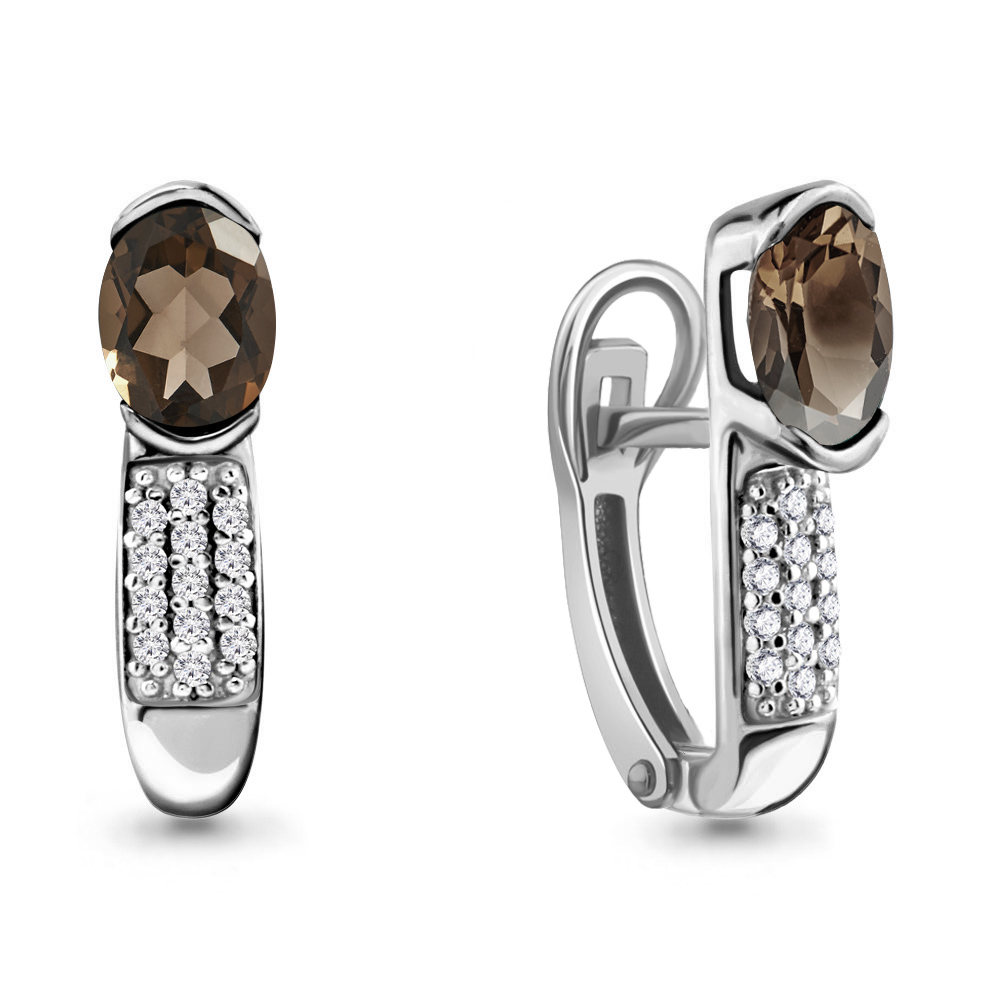 4412901А Серьги из Серебра с кварцами дымчатыми, фианитами
