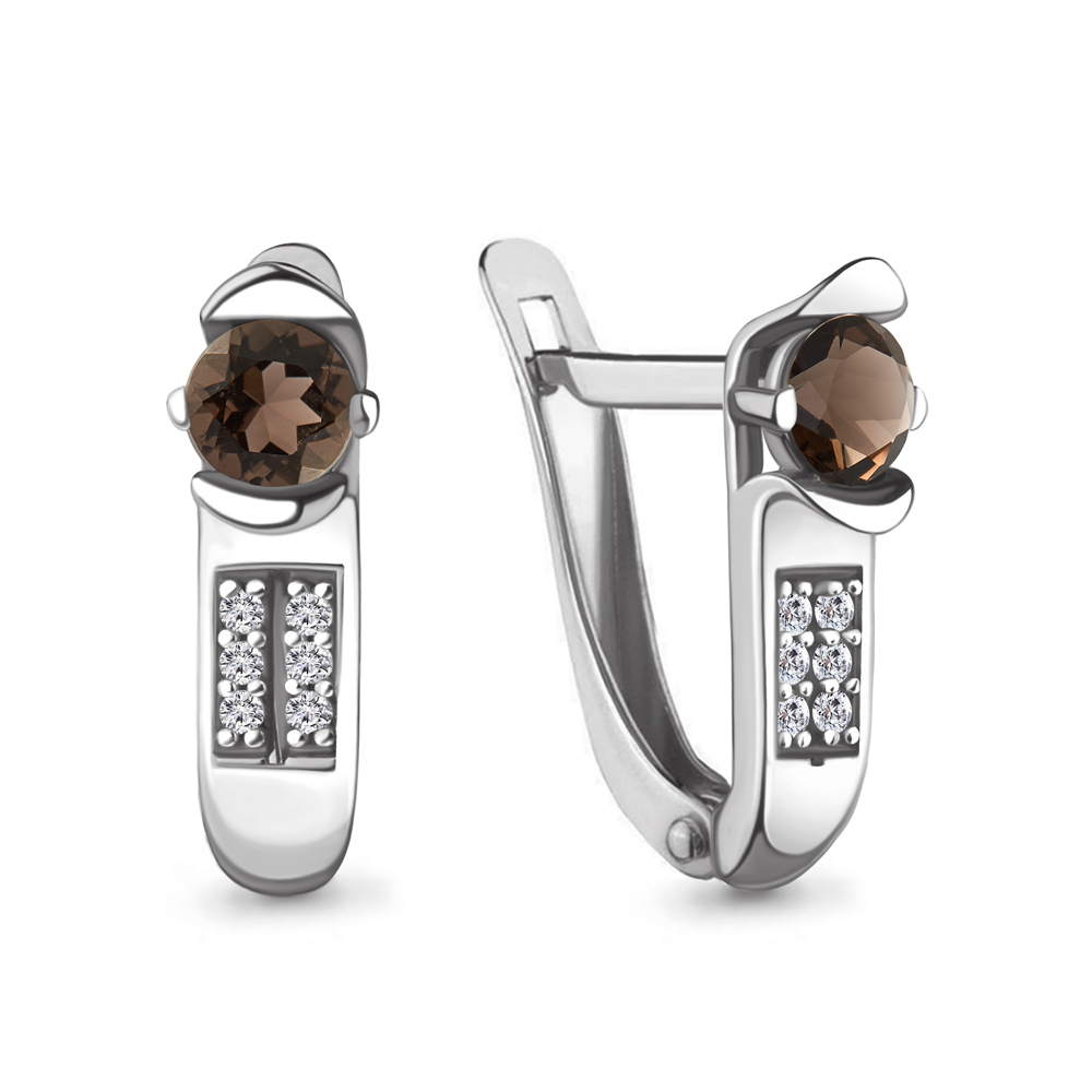 4413101А Серьги из Серебра с кварцами дымчатыми, фианитами