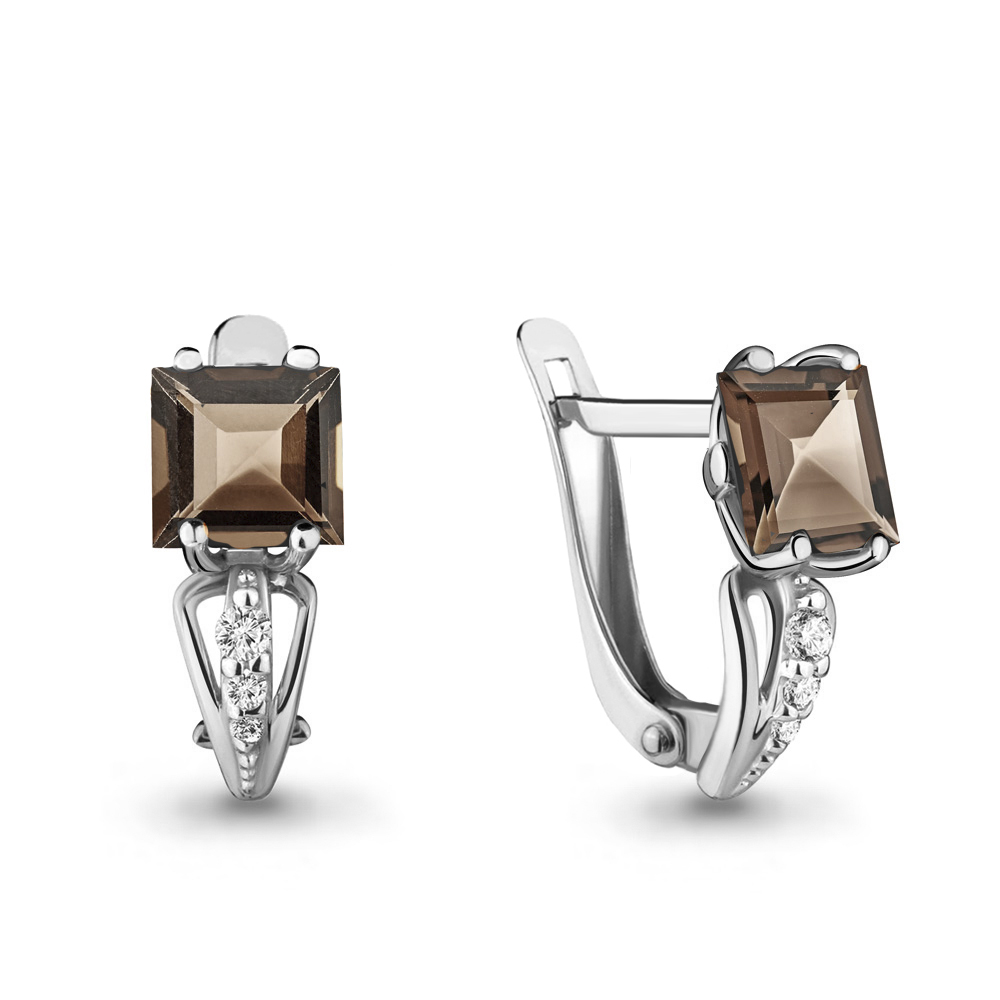 4414501А Серьги из Серебра с кварцами дымчатыми, фианитами