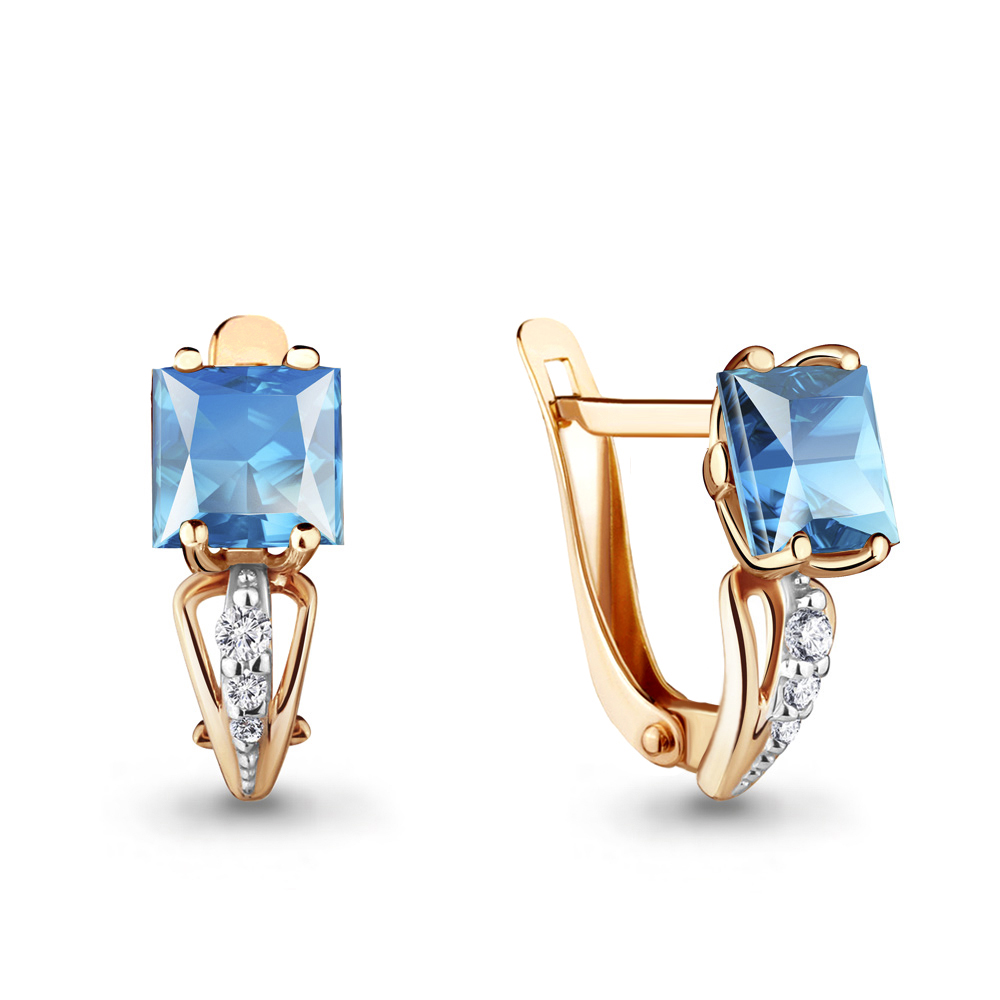 4414505А Серьги из Золота с топазами свисс блю, фианитами