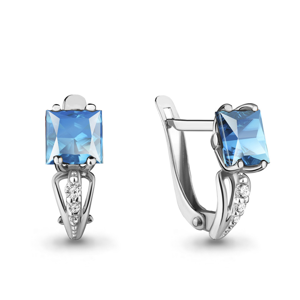4414505А Серьги из Серебра с топазами свисс блю, фианитами