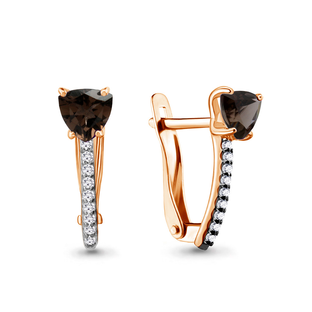 4418901А Серьги из Золота с кварцами дымчатыми, фианитами