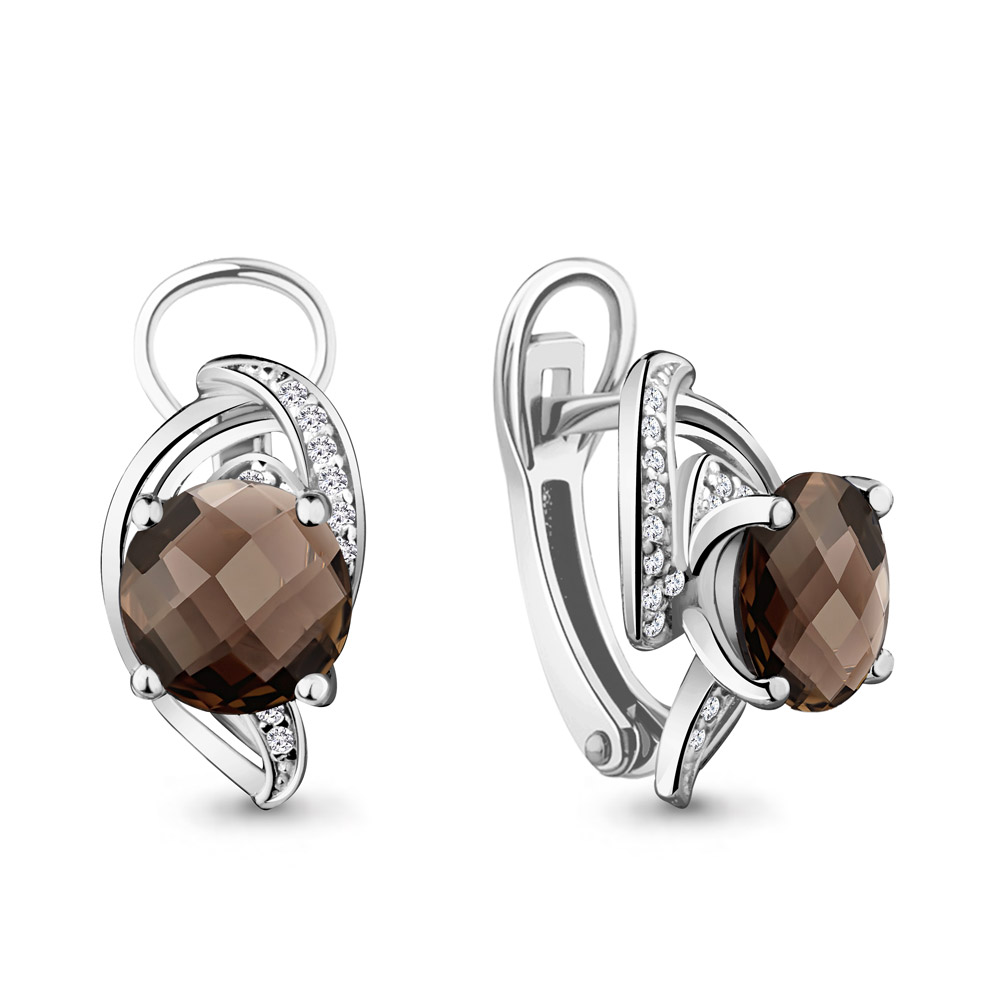 4421301А Серьги из Серебра с кварцами дымчатыми, фианитами