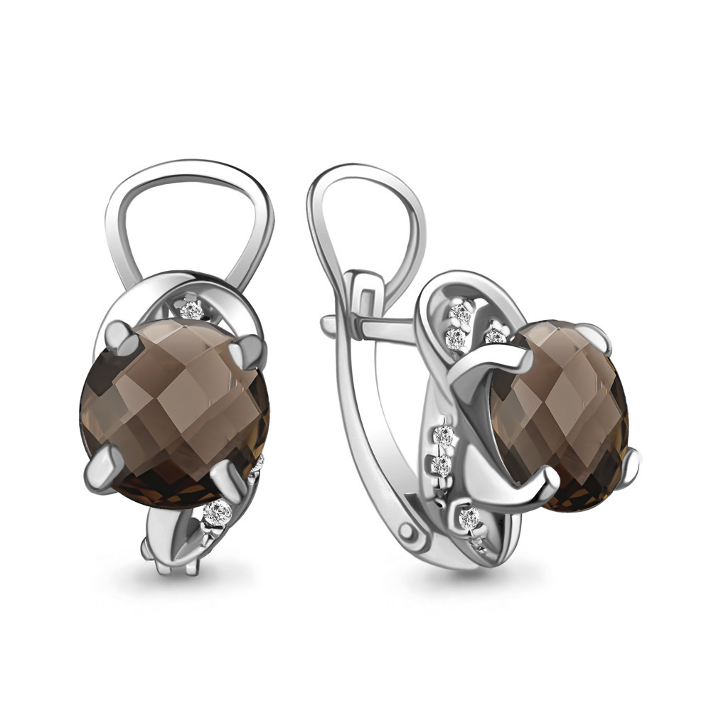 4421401А Серьги из Серебра с кварцами дымчатыми, фианитами