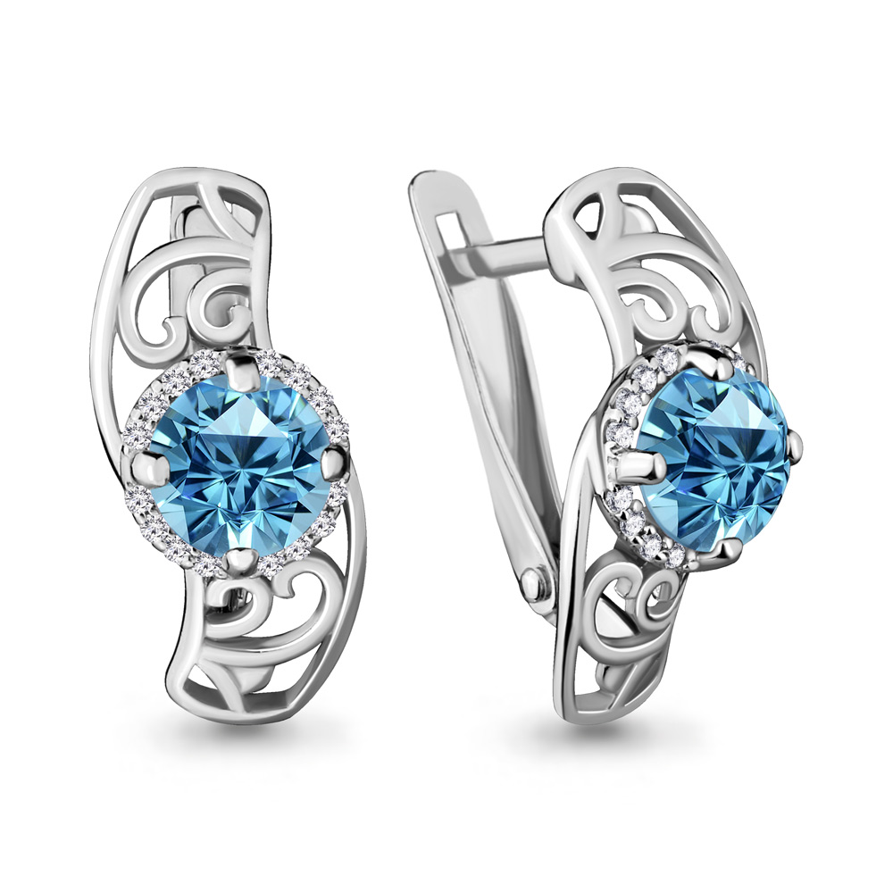 4429205А Серьги из Серебра с топазами свисс блю, фианитами