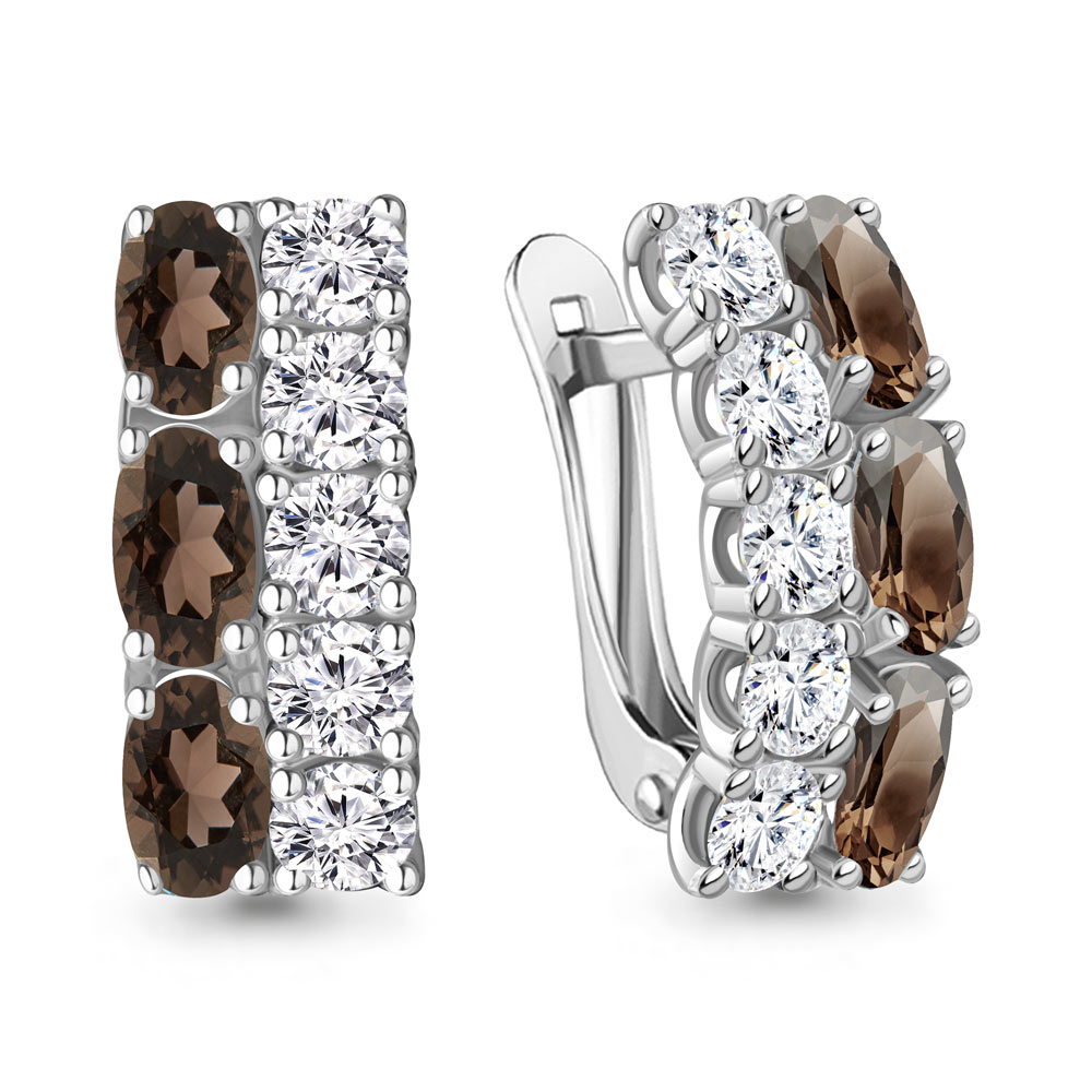 4429601А Серьги из Серебра с кварцами дымчатыми, фианитами