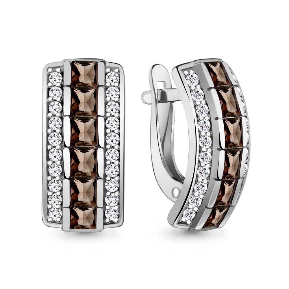 4430501А Серьги из Серебра с кварцами дымчатыми, фианитами