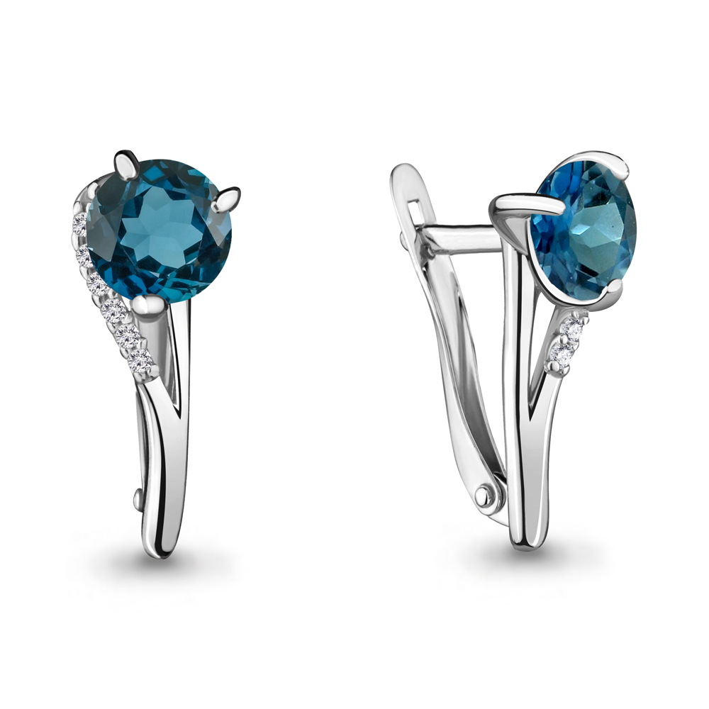 4434508А Серьги из Серебра с топазами лондон блю, фианитами