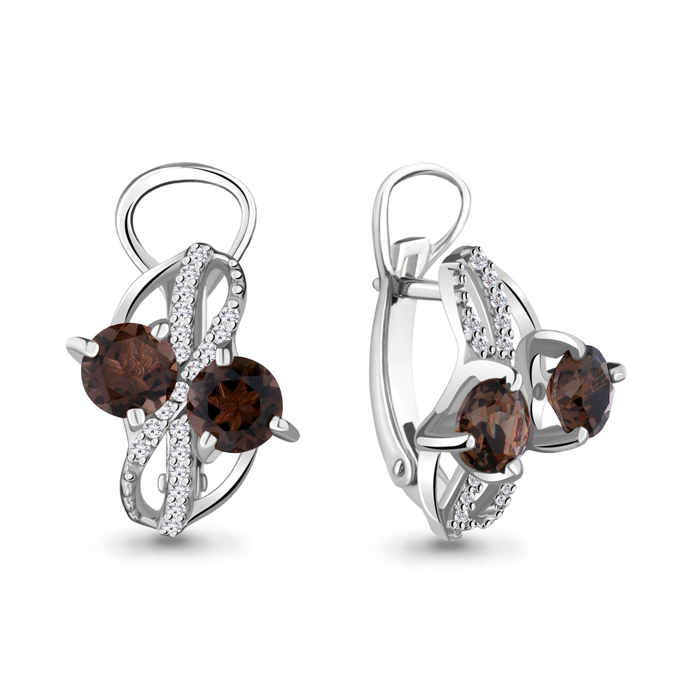 4434701А Серьги из Серебра с кварцами дымчатыми, фианитами