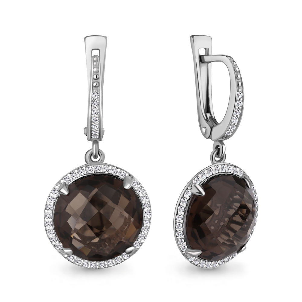 4436401А Серьги из Серебра с кварцами дымчатыми, фианитами