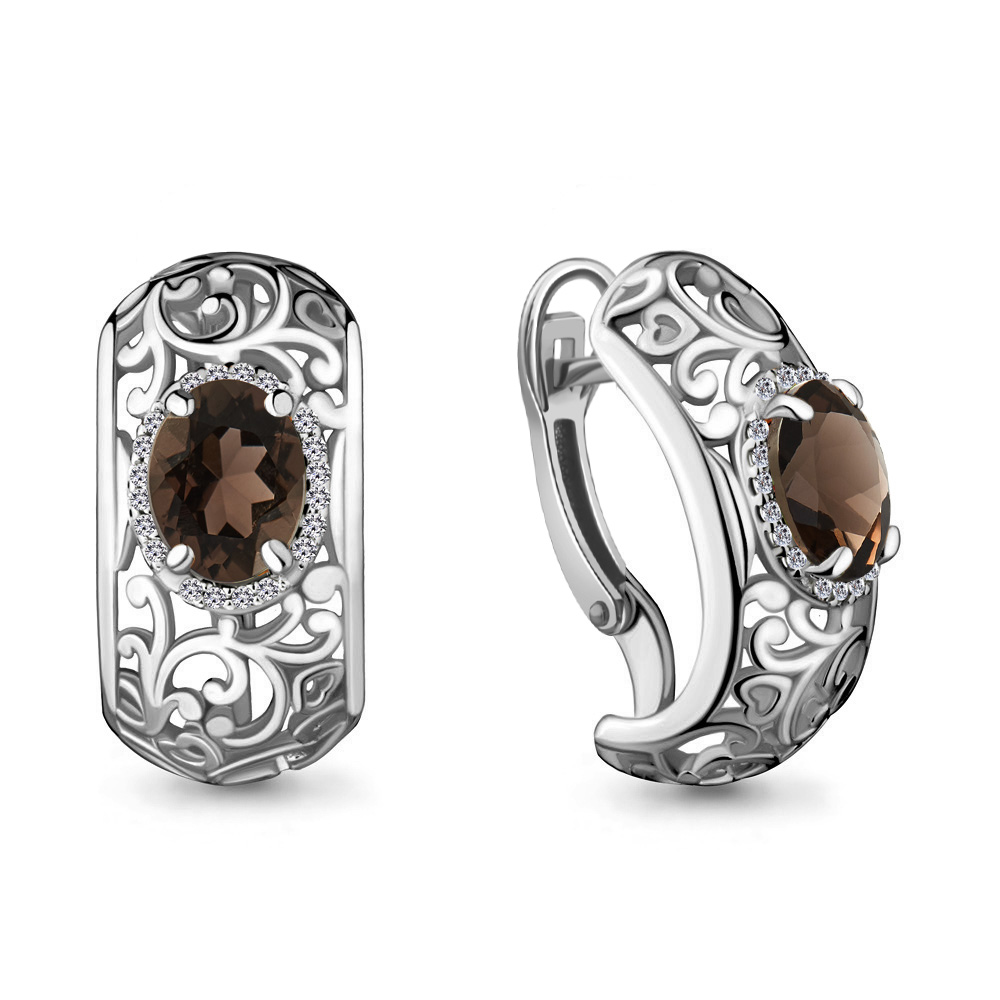 4436601А Серьги из Серебра с кварцами дымчатыми, фианитами