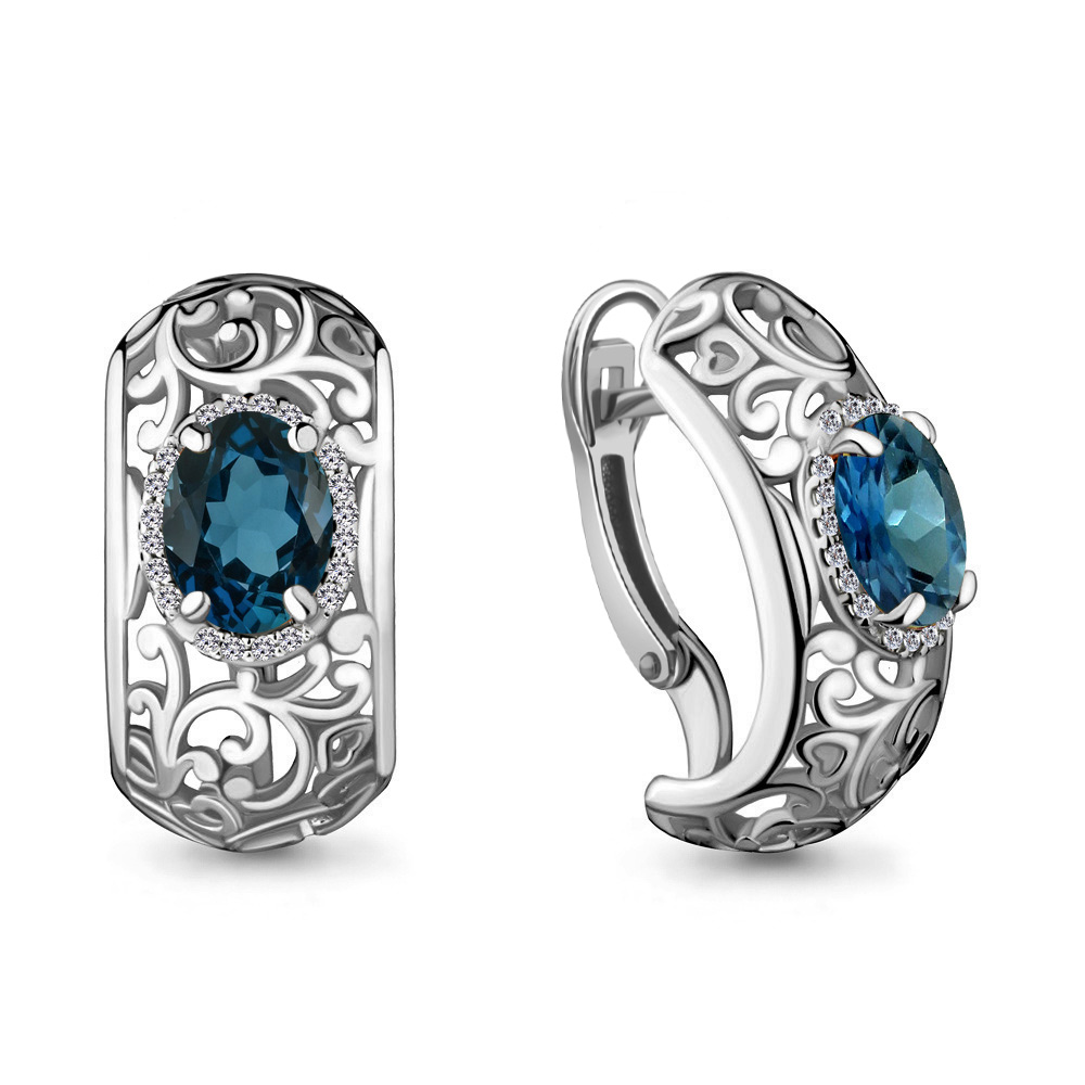 4436608А Серьги из Серебра с топазами лондон блю, фианитами
