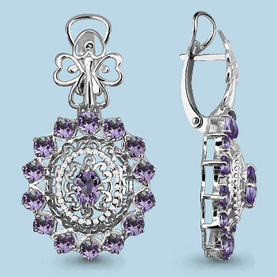 4436804А Серьги из Серебра с аметистами, фианитами