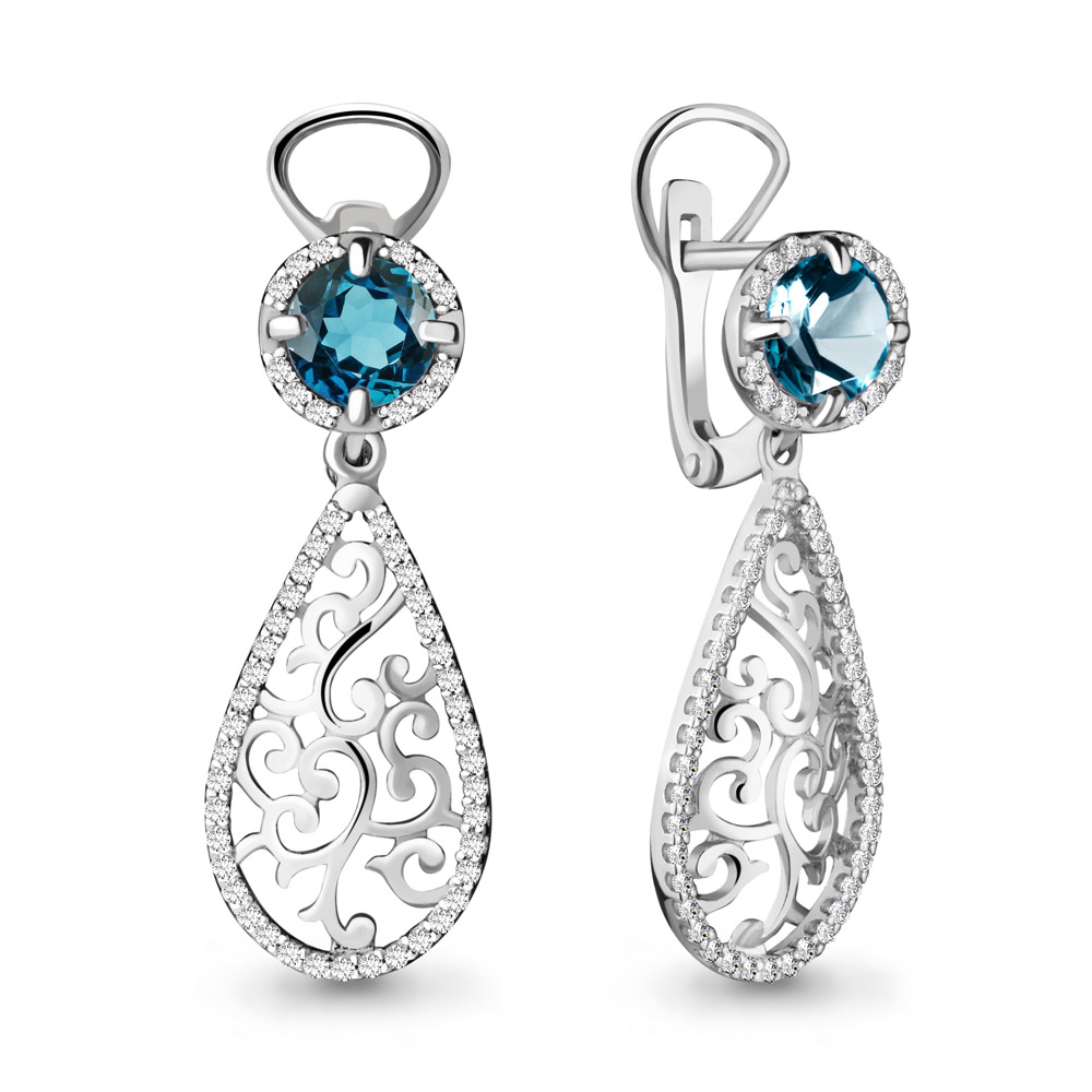 4437108А Серьги из Серебра с топазами лондон блю, фианитами