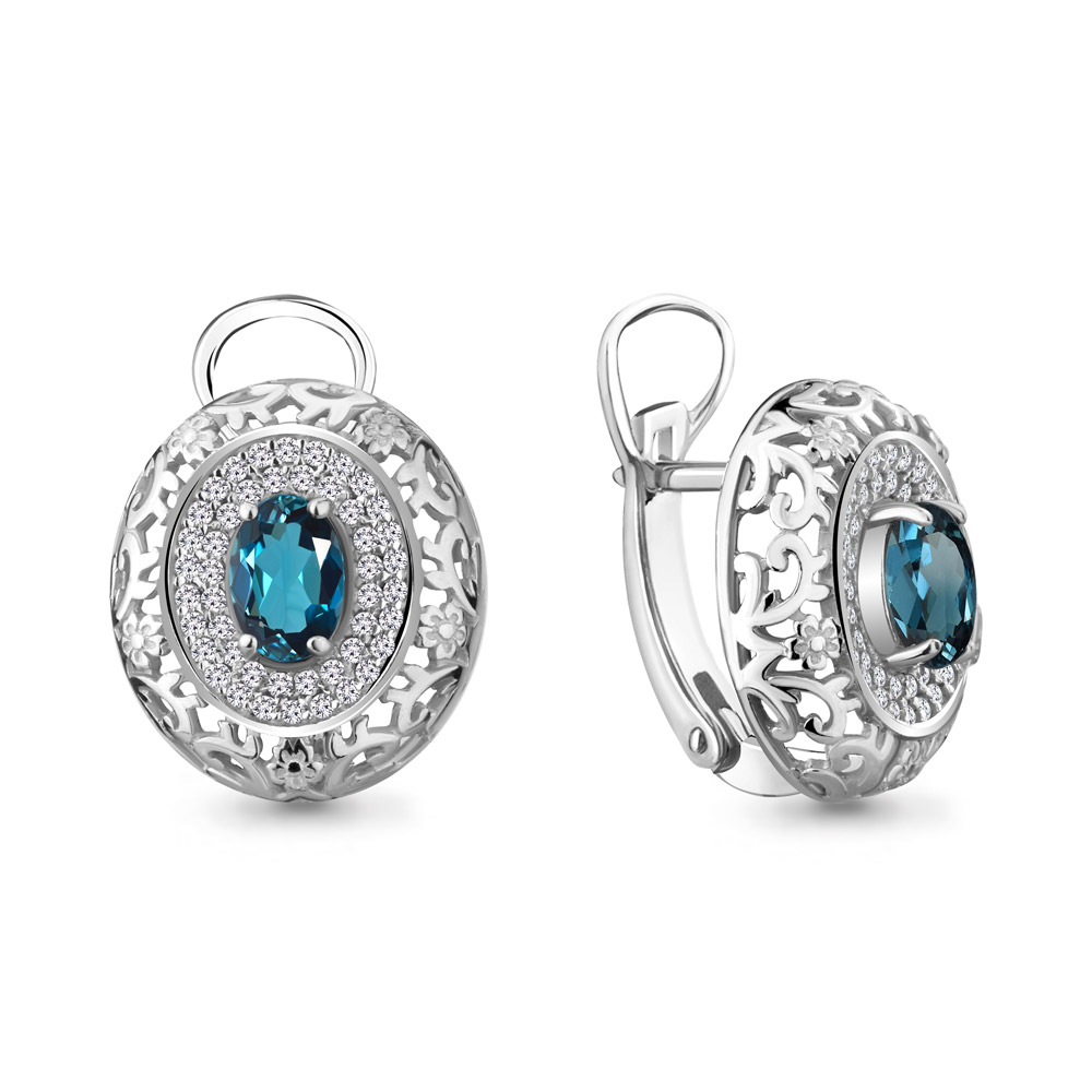4439008А Серьги из Серебра с топазами лондон блю, фианитами