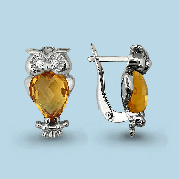 4439811А Серьги из Серебра с кварцами лимонными, фианитами