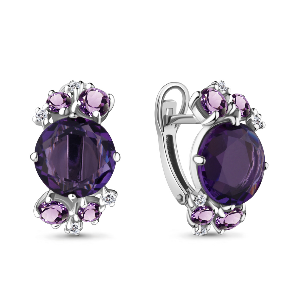 4440729А Серьги из Серебра с аметистами, аметистами иск., фианитами