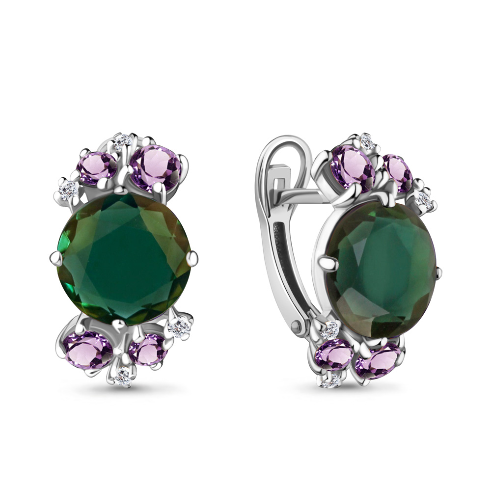 4440799А Серьги из Серебра с аметистами, турмалинами иск., фианитами