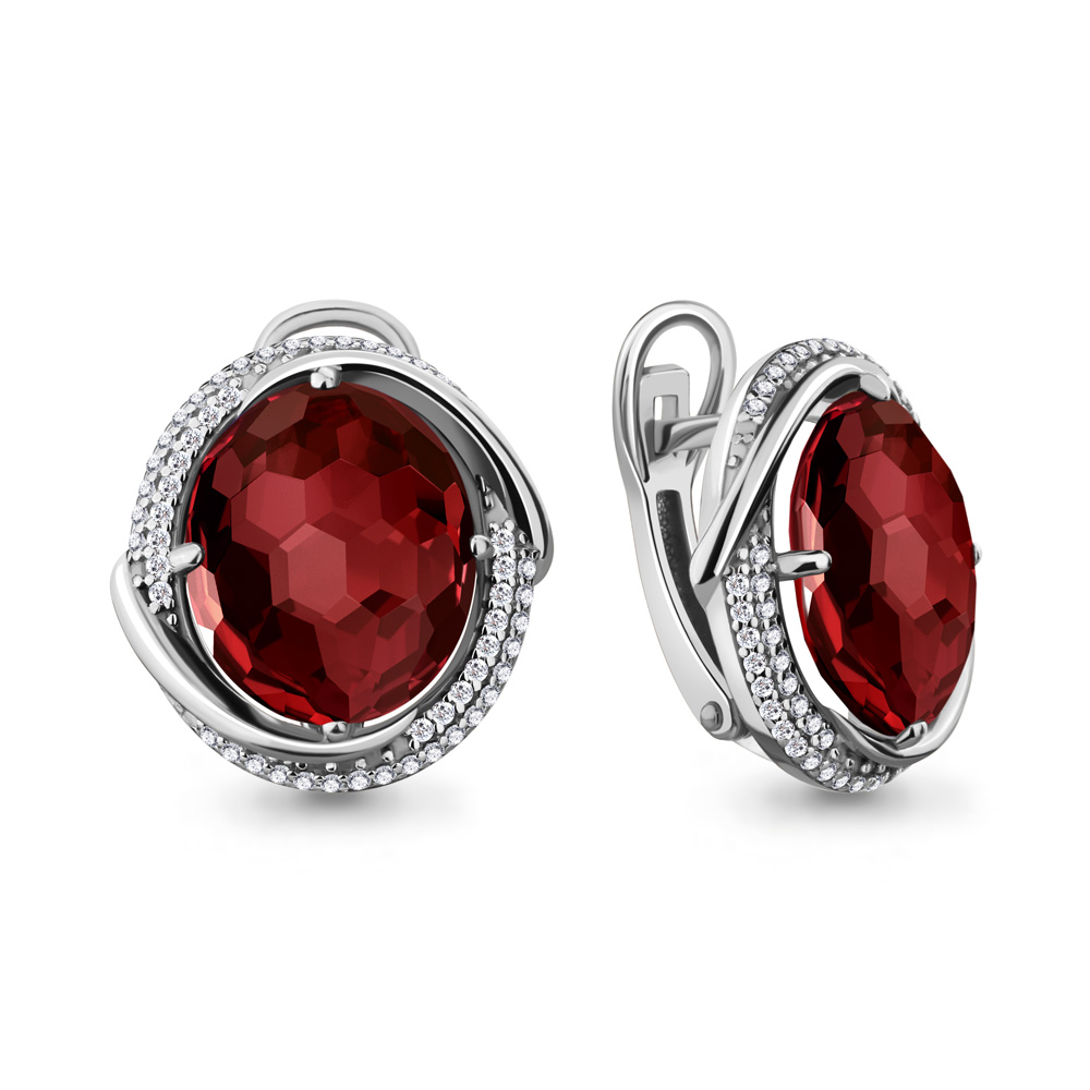 4442003А Серьги из Серебра с гранатами, фианитами