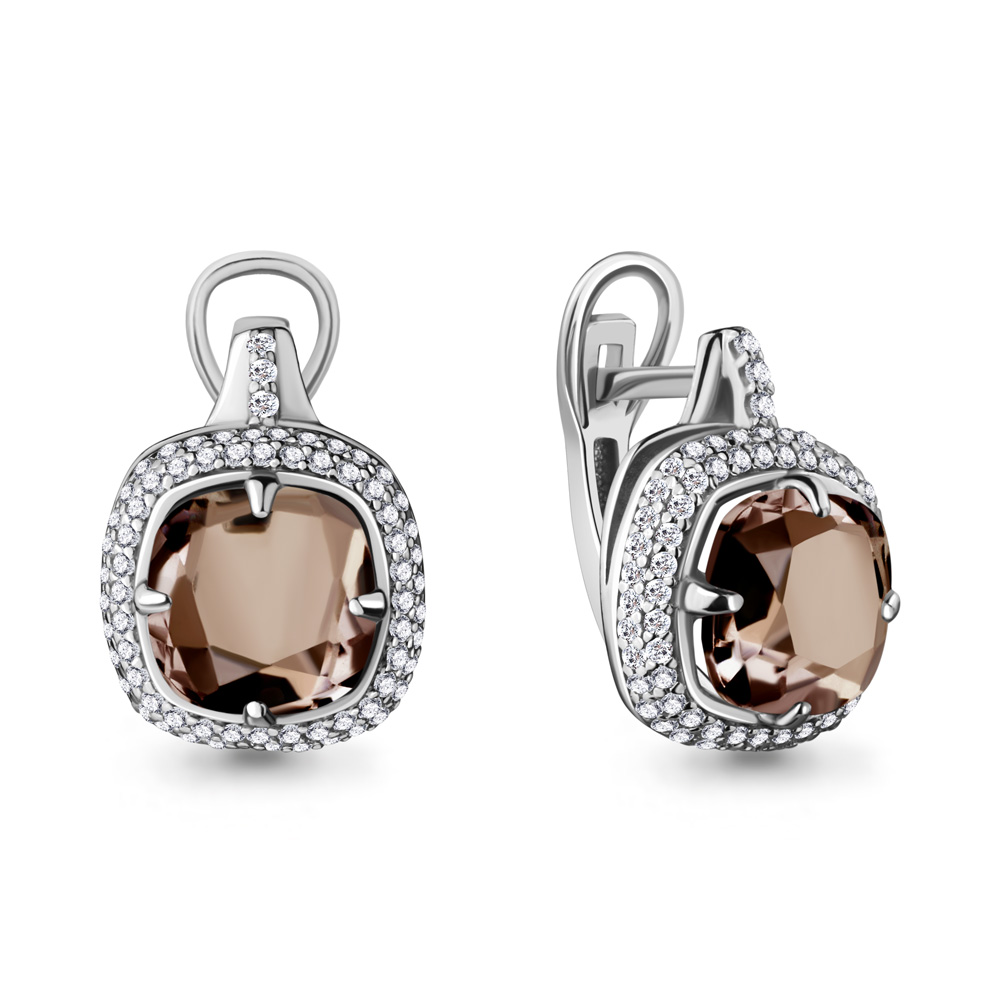 4442301А Серьги из Серебра с кварцами дымчатыми, фианитами из коллекции "Фруктовый лёд"