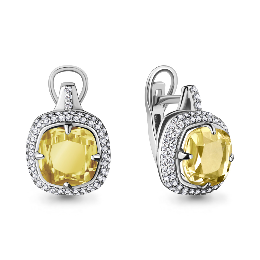 4442311А Серьги из Серебра с кварцами лимонными, фианитами из коллекции "Фруктовый лёд"