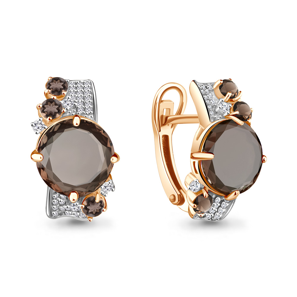 4442701А Серьги из Золота с кварцами дымчатыми, фианитами из коллекции "Фруктовый лёд"