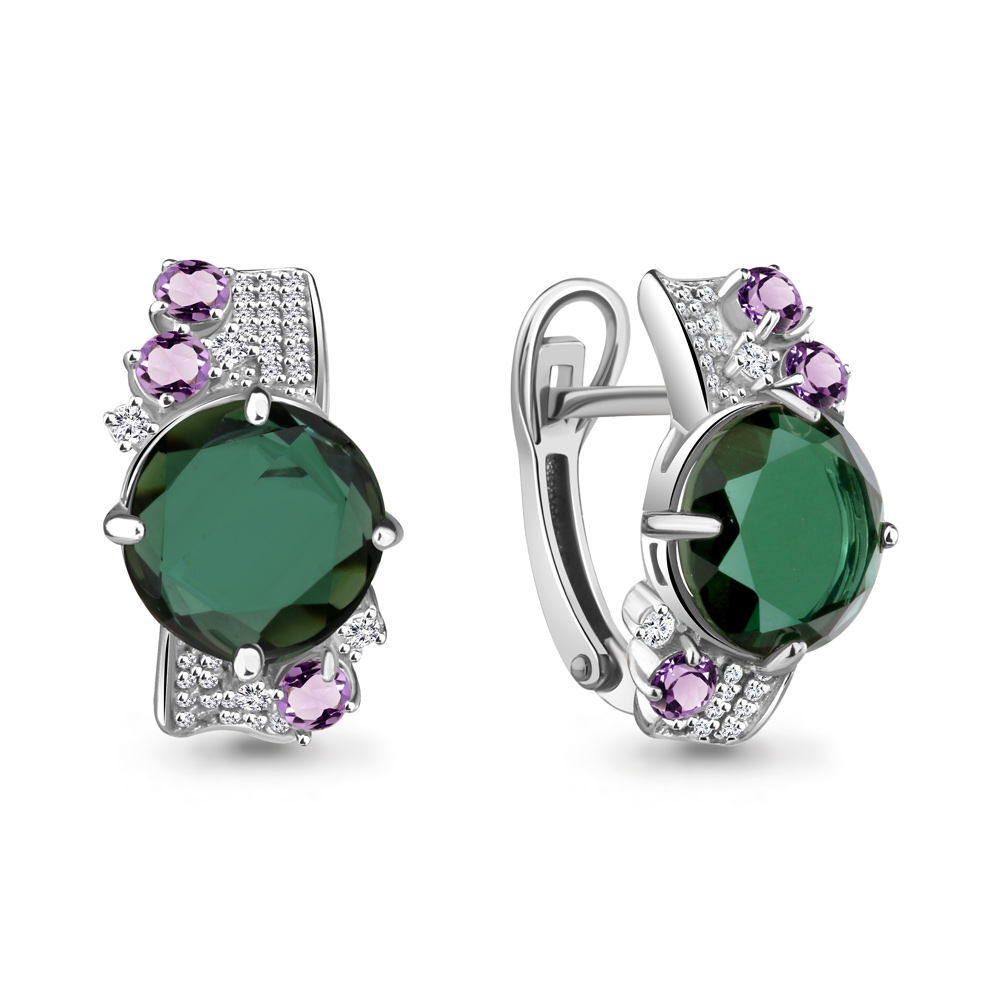 4442799А Серьги из Серебра с аметистами, турмалинами иск., фианитами