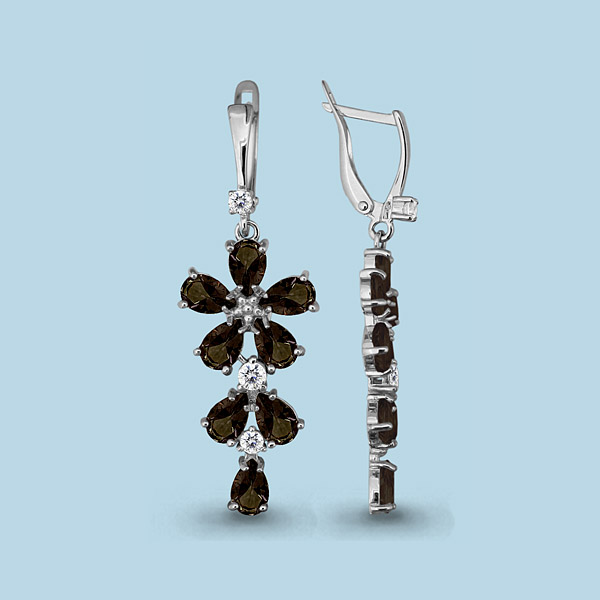 4446001А Серьги из Серебра с кварцами дымчатыми, фианитами