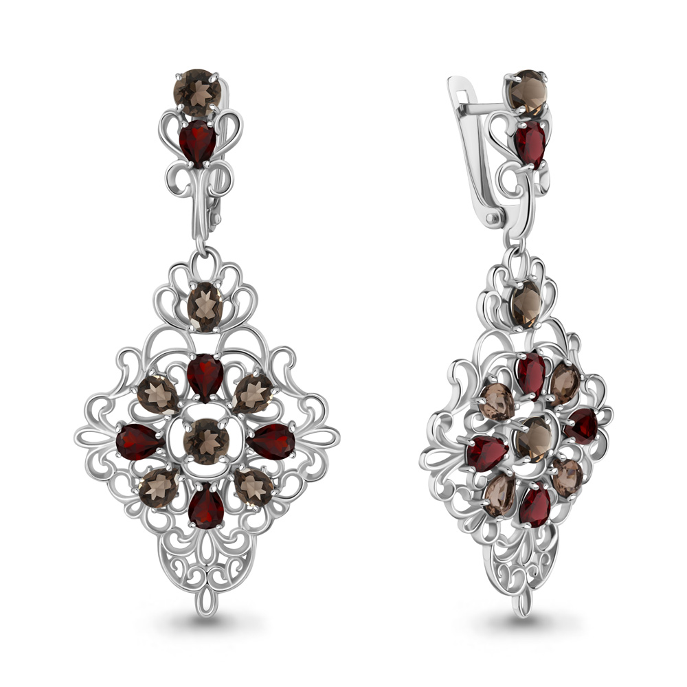4448101 Серьги из Серебра с гранатами, кварцами дымчатыми