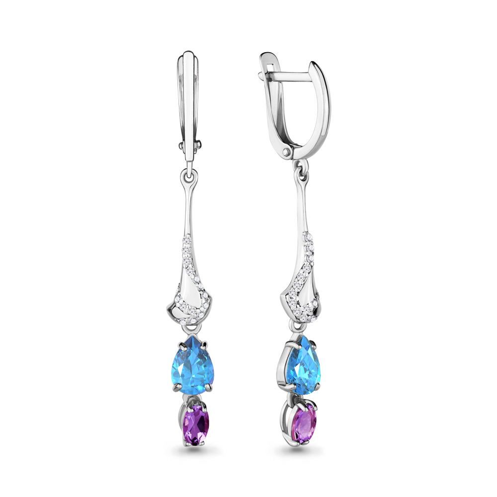 4449230А Серьги из Серебра с аметистами, топазами свисс блю, фианитами
