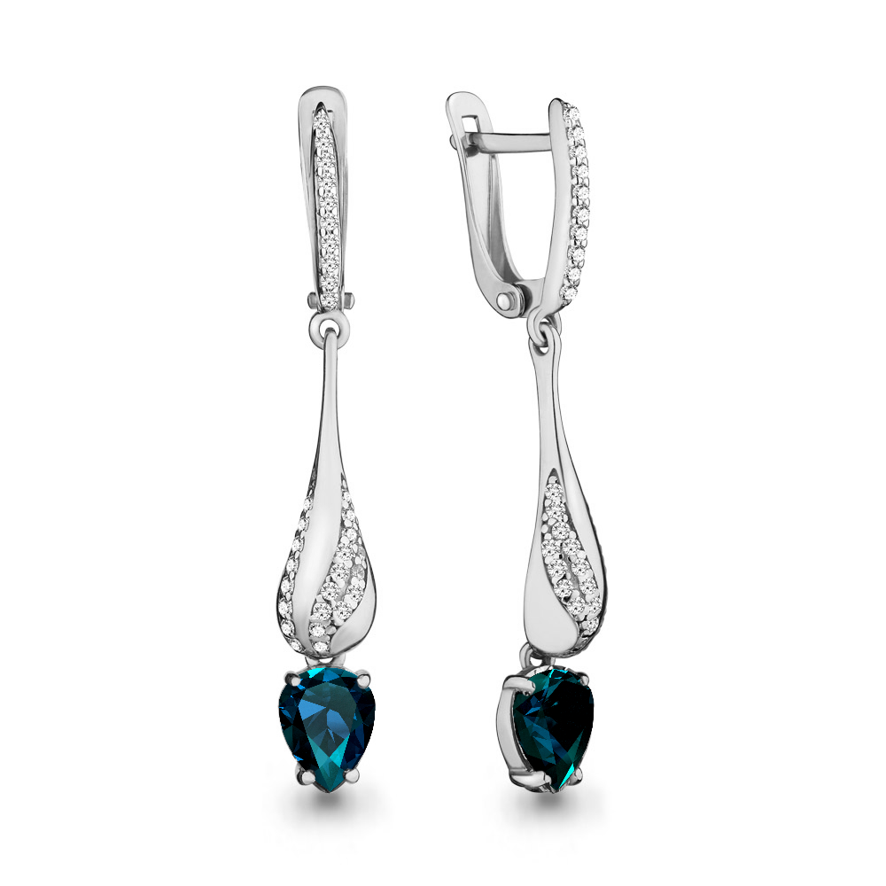4449408А Серьги из Серебра с топазами лондон блю, фианитами