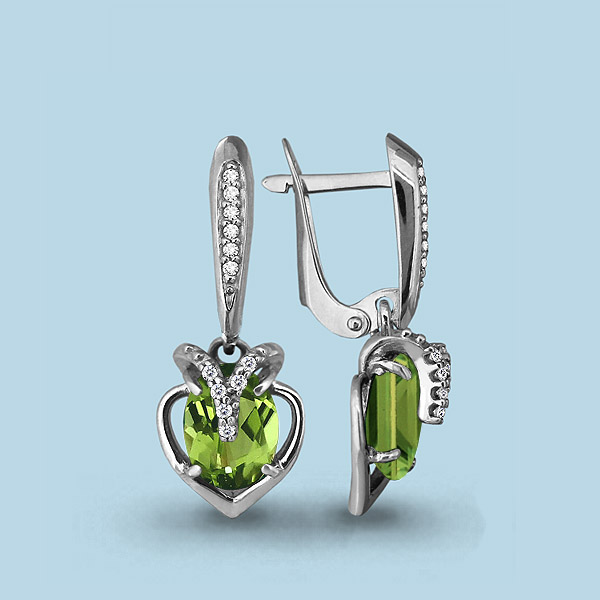 4449507А Серьги из Серебра с фианитами, хризолитами