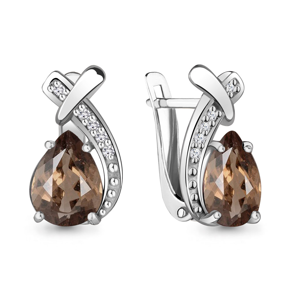 4450001А Серьги из Серебра с кварцами дымчатыми, фианитами