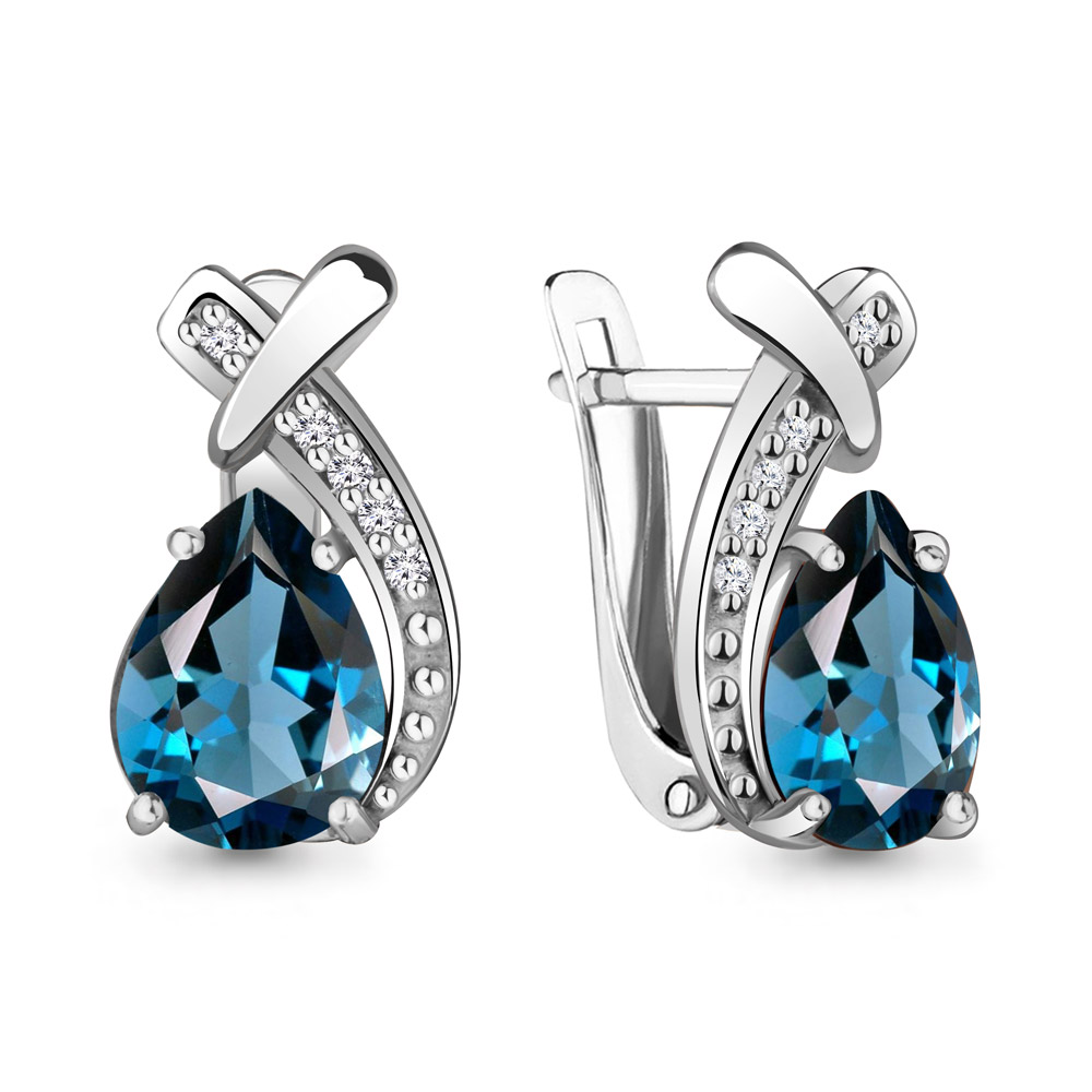 4450008А Серьги из Серебра с топазами лондон блю, фианитами