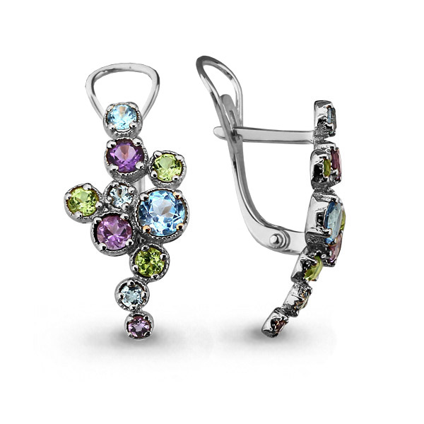 4450305 Серьги из Серебра с аметистами, топазами свисс блю, хризолитами