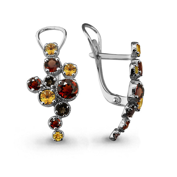4450347 Серьги из Серебра с гранатами, кварцами дымчатыми, цитринами