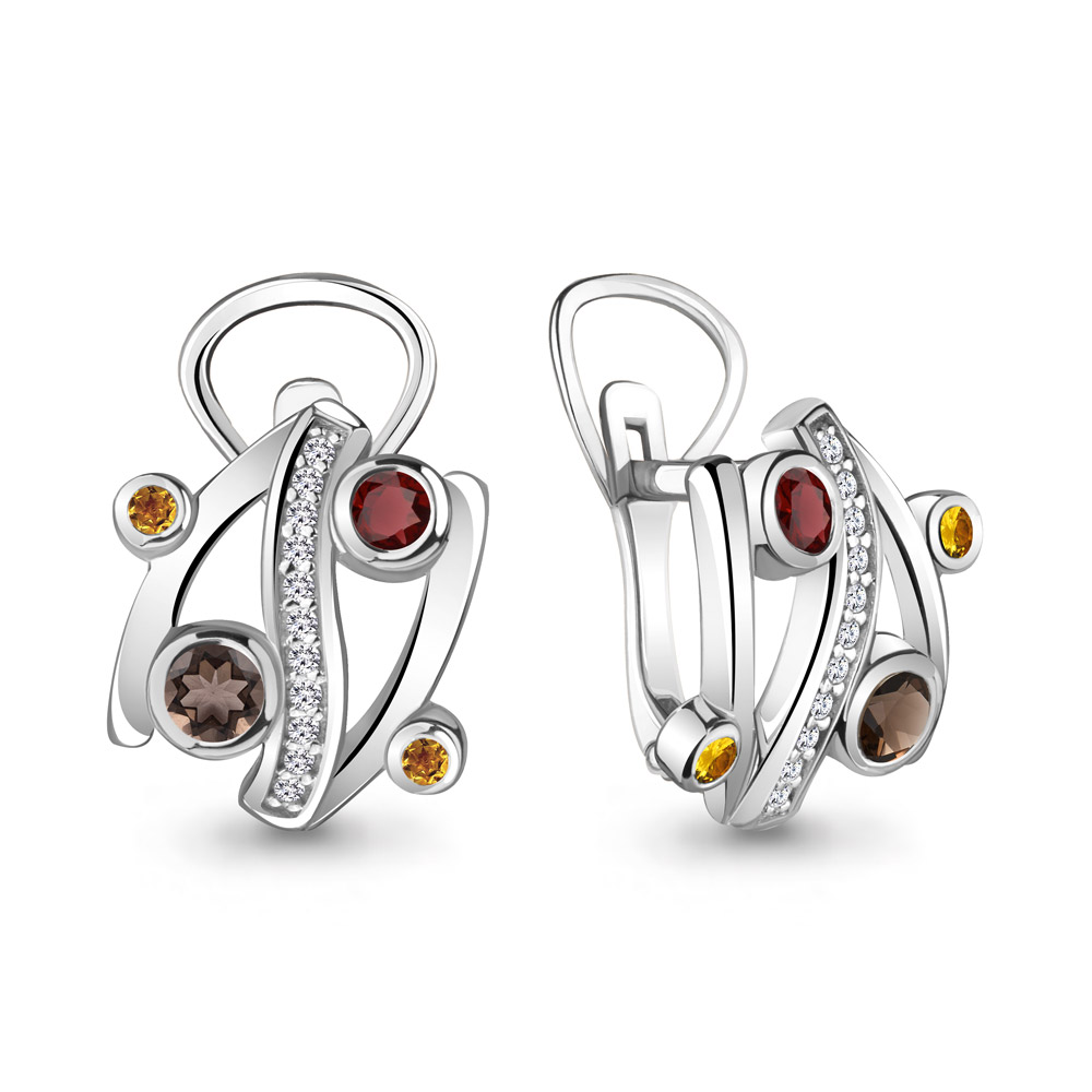 4450501А Серьги из Серебра с гранатами, кварцами дымчатыми, фианитами, цитринами