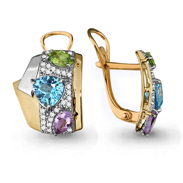 4454405А Серьги из Золота с аметистами, топазами свисс блю, фианитами, хризолитами из коллекции "Монпансье"