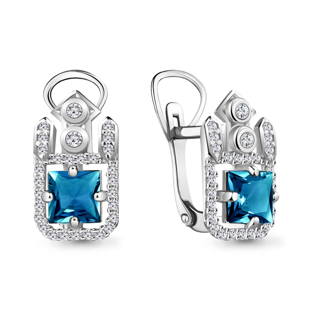 4455908А Серьги из Серебра с топазами лондон блю, фианитами из коллекции "Ар-Деко"