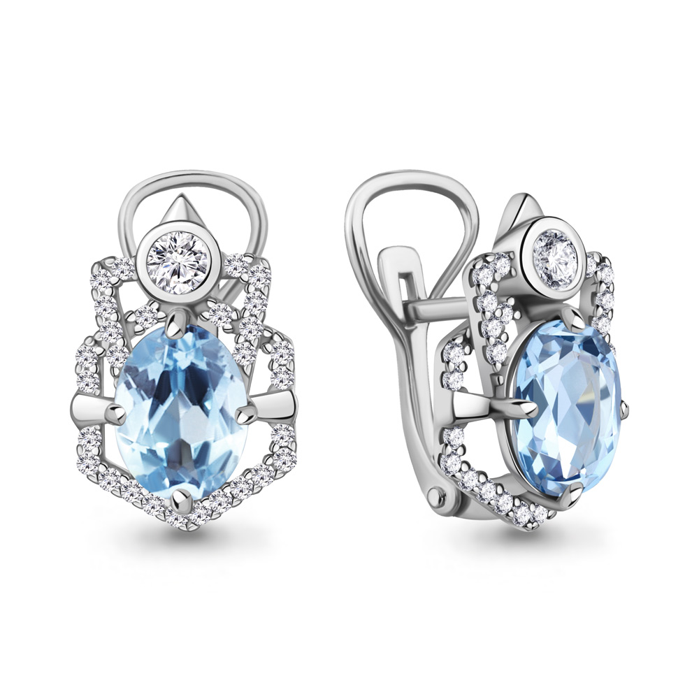 4456005А Серьги из Серебра с топазами свисс блю, фианитами из коллекции "Ар-Деко"